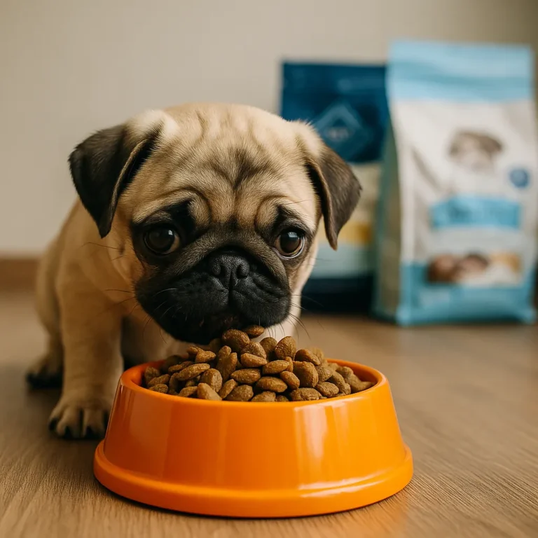 A fawn-colored pug puppy eating dry kibble from an orange bowl, with dog food bags in the background on a wooden floor.