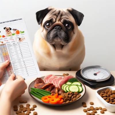 Pug sitting with a nutrition chart, a plate of dog food, and a weight scale.