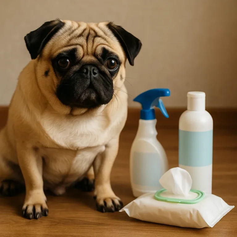 A fawn-colored pug sitting on a bathroom counter, curiously looking at an assortment of grooming products like pet shampoo bottles, wet wipes, and a soft cleaning cloth.