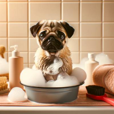 A pug dog taking a bath, surrounded by soap bubbles and grooming tools.