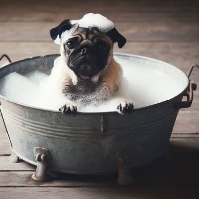 A pug enjoying a bath in an old-fashioned tin tub with soap suds on its head, epitomizing the joy of using the best shampoo for pugs.