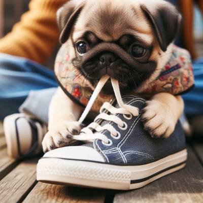 Pug puppy playfully gnawing on a blue sneaker, depicting common teething behavior in young dogs.