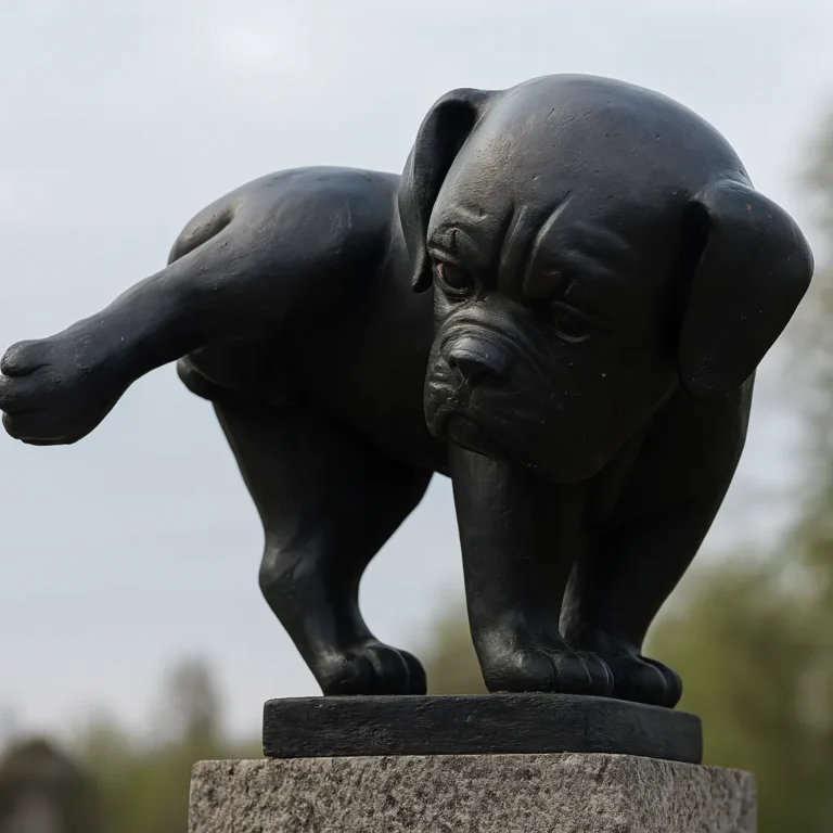 A photograph features a close-up of a life-size bronze statue of a pug lifting its leg to pee, displayed outdoors on a stone pedestal with trees blurred in the background.