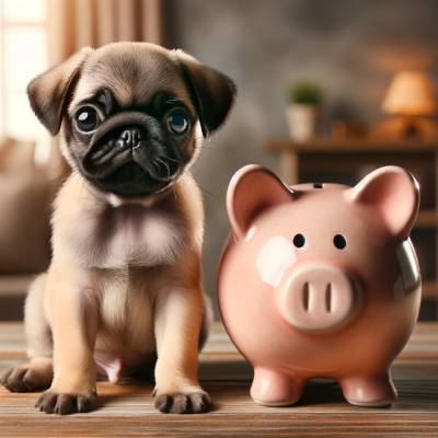 A baby pug puppy sits next to a piggy bank on a wooden surface, symbolizing the costs of pet ownership.