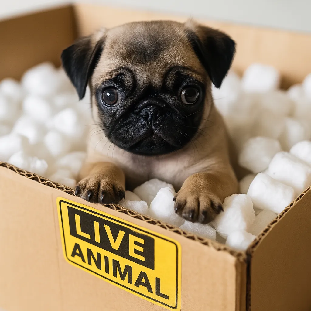 A pug puppy sits nestled in a cardboard box filled with white packing peanuts, with its front paws resting on the edge and a "LIVE ANIMAL" label on the side.