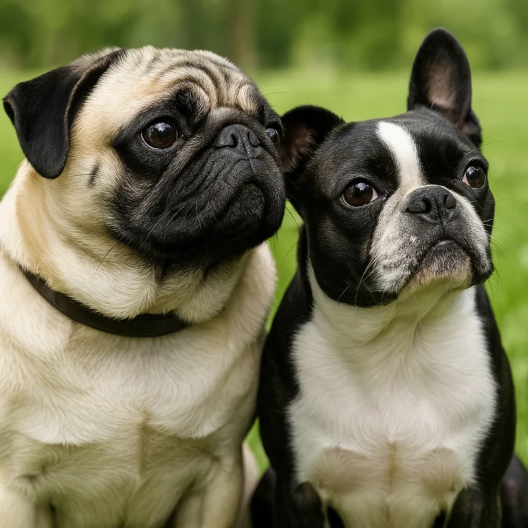 Pug and Boston Terrier sitting side by side on green grass, looking alert and curious outdoors