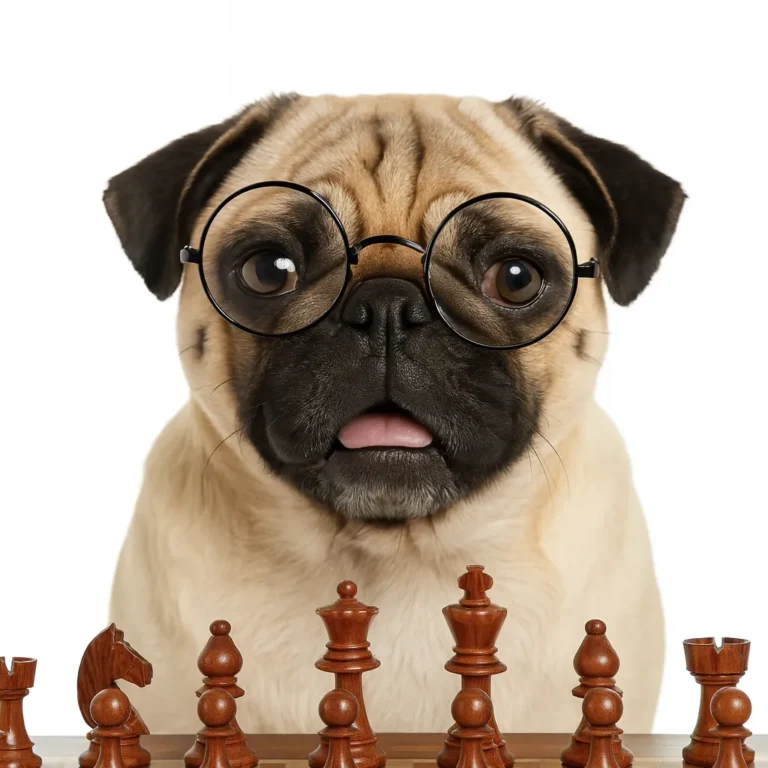 A fawn-colored pug wearing round glasses sits behind a neatly arranged chessboard, looking alert and curious against a white background.