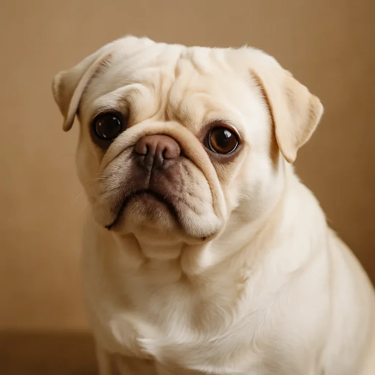 Cream-colored pug with deep brown eyes and soft wrinkles, sitting calmly against a warm-toned background.