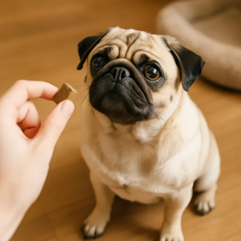 Fawn-colored pug sitting on a hardwood floor, focused on a treat held by a person’s hand with a soft dog bed in the background.
