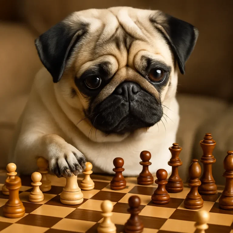 Fawn-colored pug studying a chessboard with one paw on a wooden rook, sitting indoors with a curious expression.