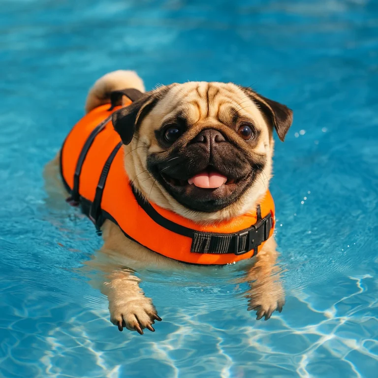 Fawn-colored pug wearing an orange life jacket swimming in a clear blue pool, enjoying a safe water activity on a sunny day.