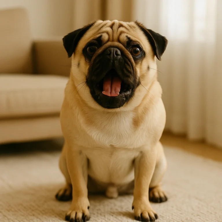 Fawn-colored pug sitting alertly with mouth slightly open, looking expressive and vocal in a bright, cozy living room.