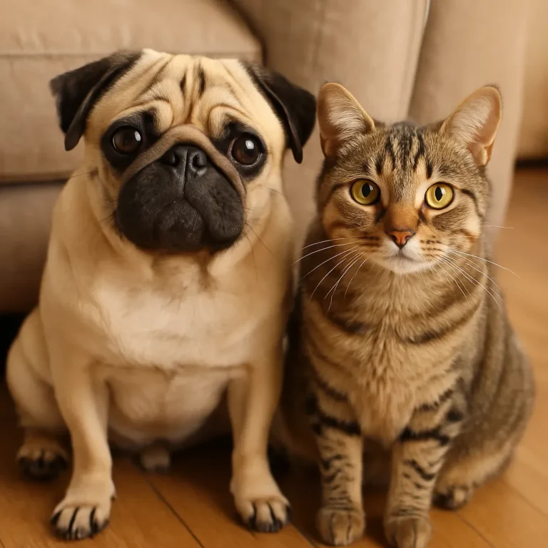 Fawn-colored pug and striped tabby cat sitting calmly side by side on a wooden floor, both facing forward with gentle expressions.