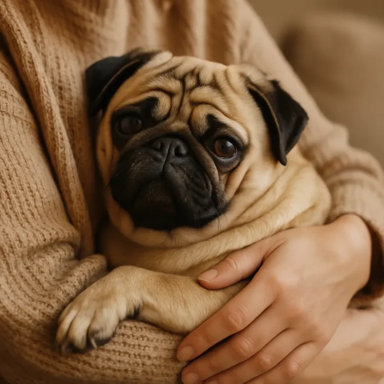 Fawn-colored pug comfortably nestled in a person’s arms, looking calm and content while being cuddled.