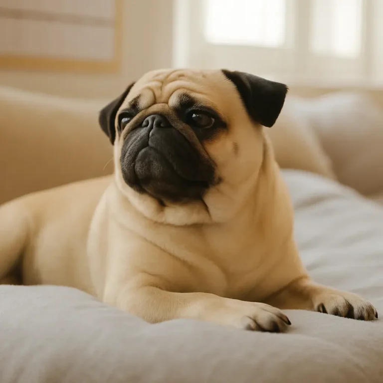 Fawn-colored adult pug resting comfortably on a soft, light-colored blanket indoors, with a calm and thoughtful expression.