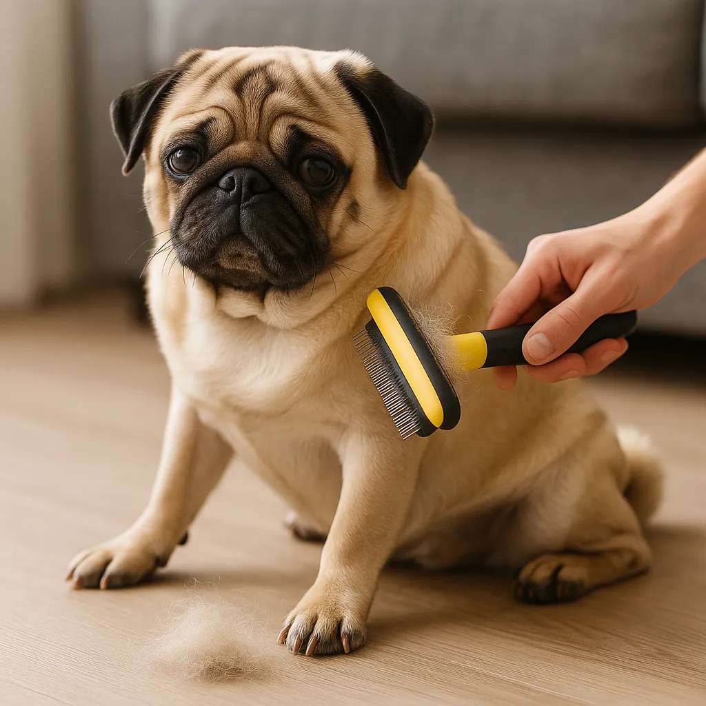 Fawn-colored pug sitting calmly while being brushed with a yellow and black slicker brush, loose fur visible near its paws.