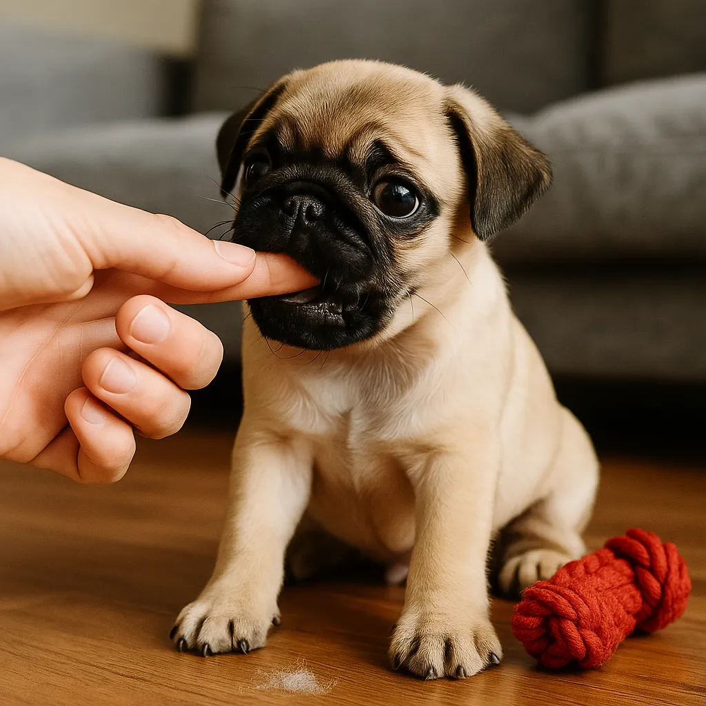 Pug puppy playfully nibbling on a person’s finger while sitting on a wooden floor, with a red chew toy nearby