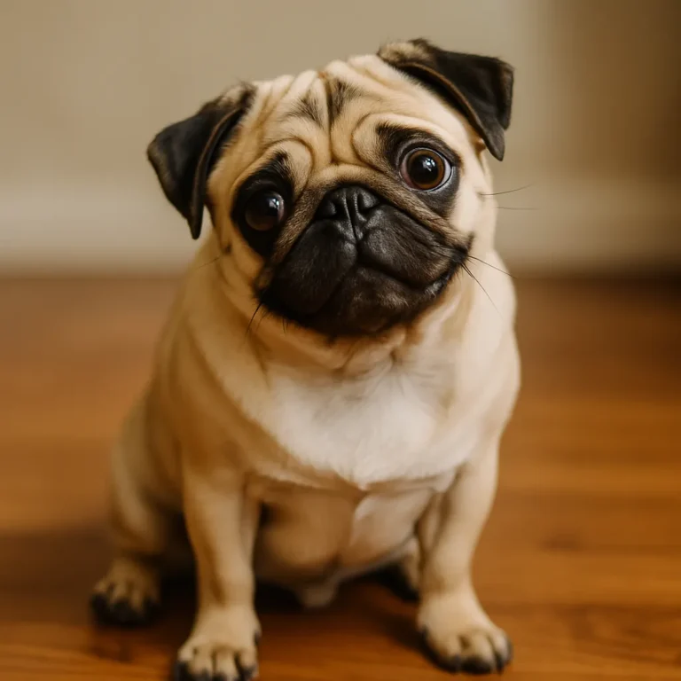 Fawn-colored pug sitting on a hardwood floor, gazing up with wide, curious eyes and a slightly tilted head.
