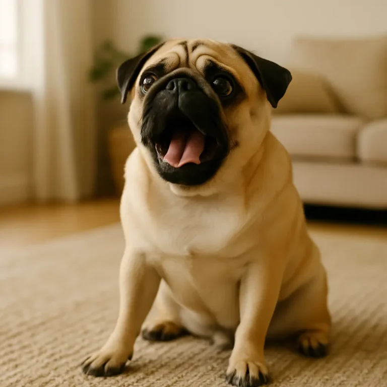 Fawn-colored pug sitting on a cozy rug with mouth slightly open, appearing to vocalize in a bright living room setting.