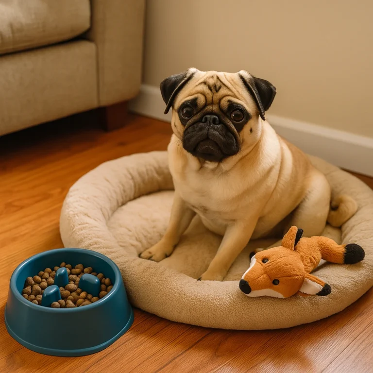 A photograph features a fawn-colored pug with a wrinkled face eating from a stainless steel dog bowl placed on a clean kitchen floor. The setting suggests a grain-free meal tailored for pugs with sensitive skin or allergies.