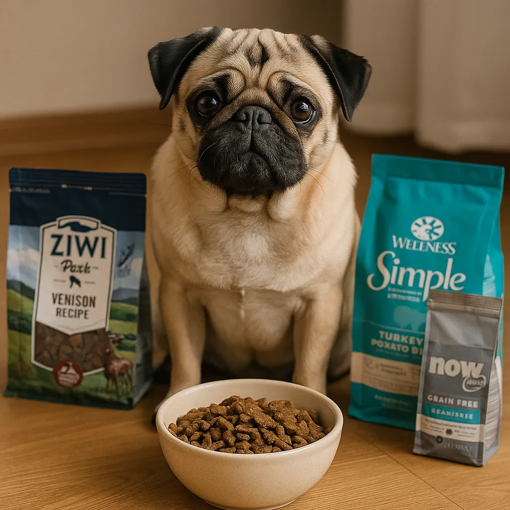 Pug sitting on a wooden floor surrounded by ZIWI Peak, Now Fresh, and Wellness dog food packages, with a bowl of kibble in front.