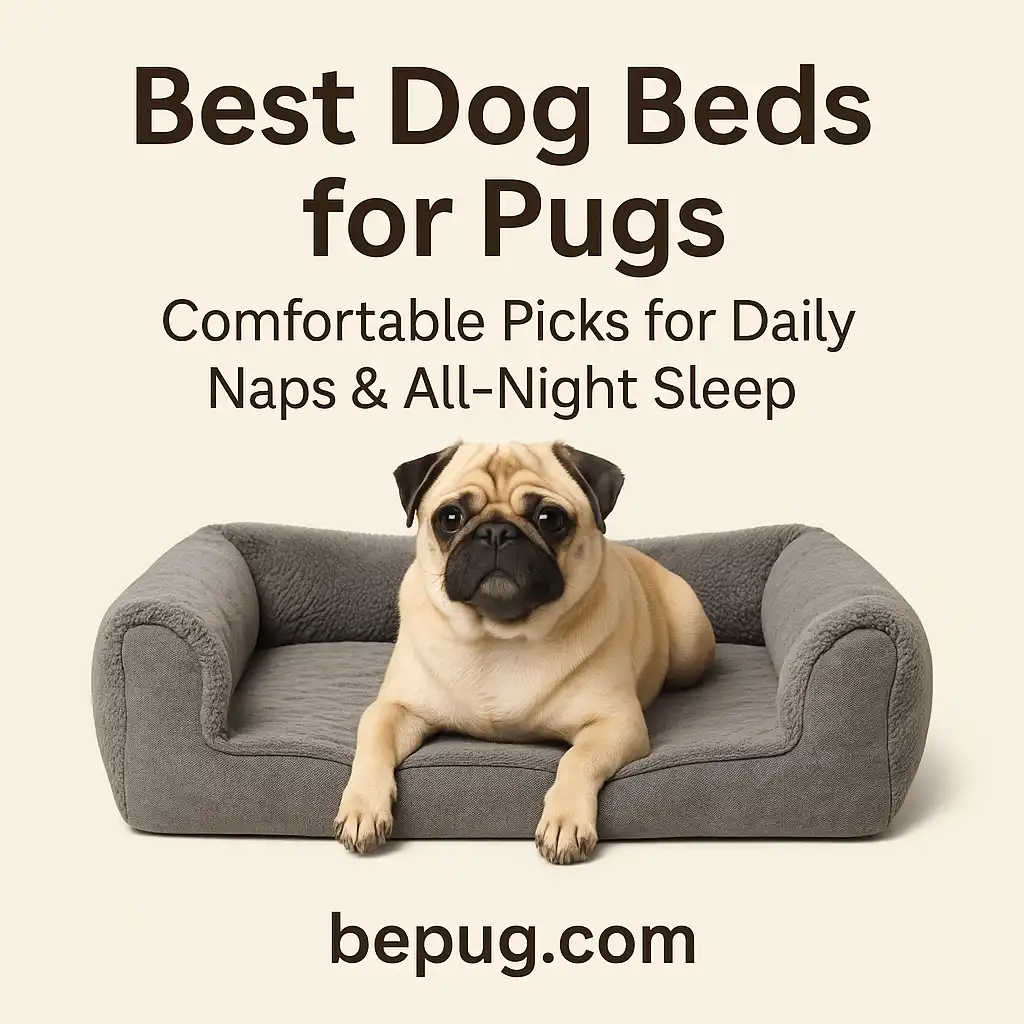 A fawn pug resting on a soft gray dog bed, looking up while lying on a plush bolster design.