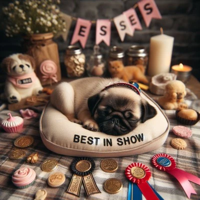 Sleeping pug puppy surrounded by winning ribbons and treats, capturing the essence of prize-worthy names for show dogs.