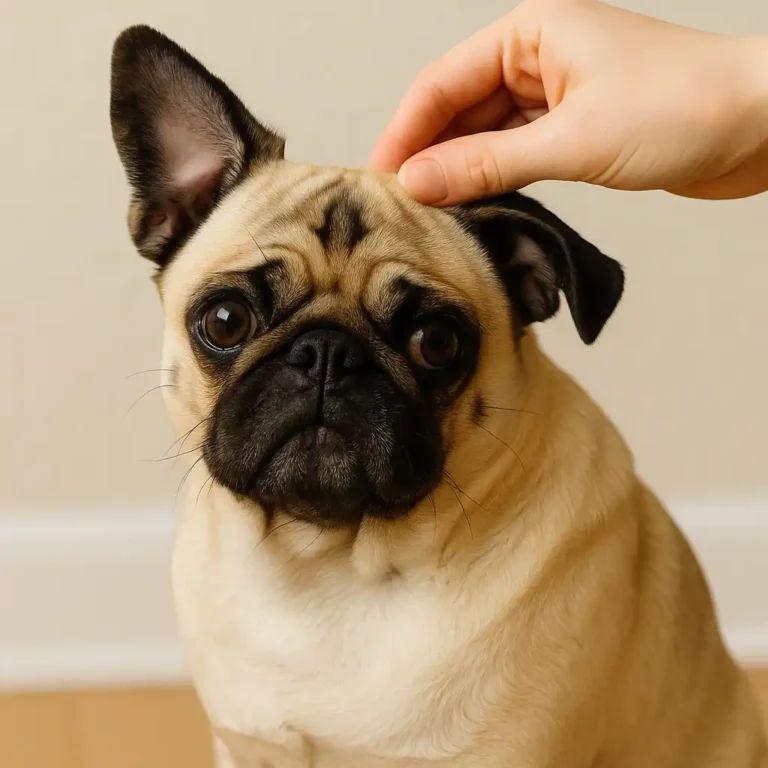 A fawn-colored pug sitting calmly while someone gently lifts its ear, showing the inner ear folds in a clean, well-lit room.