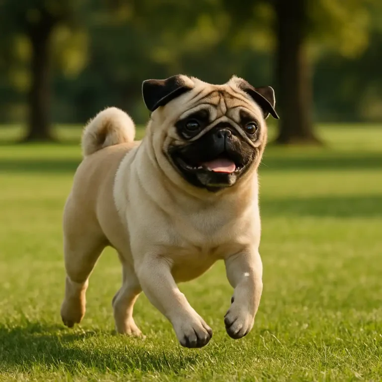 A happy fawn-colored pug running across a grassy park on a sunny day.