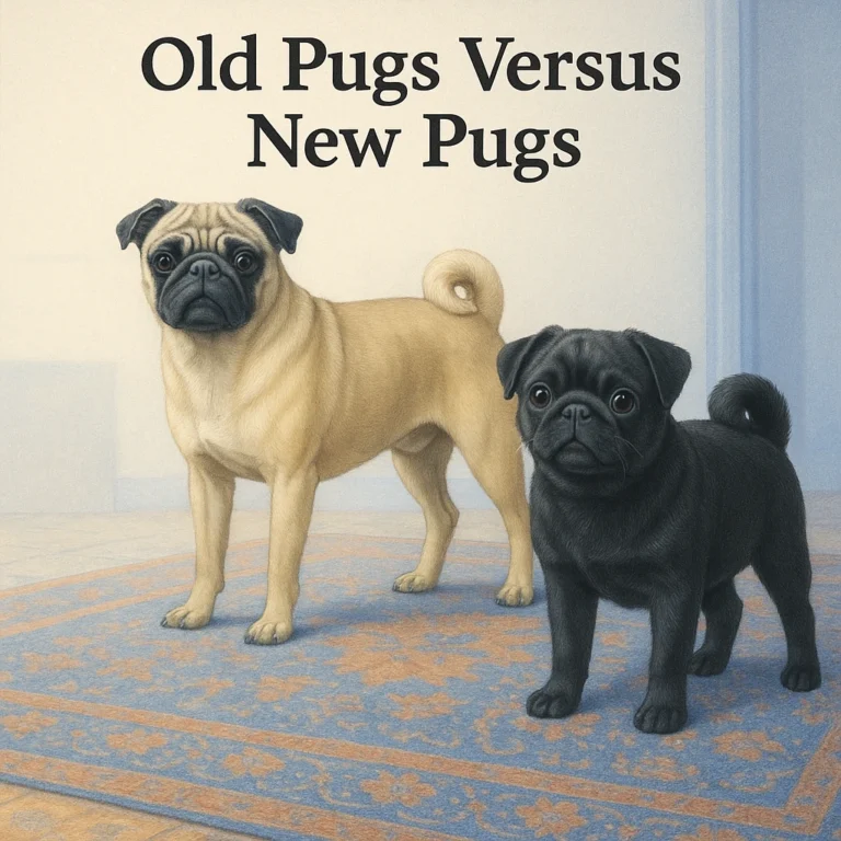 An artistic side-by-side portrait of an older-style pug and a modern pug, both standing on a patterned rug in a softly lit room.