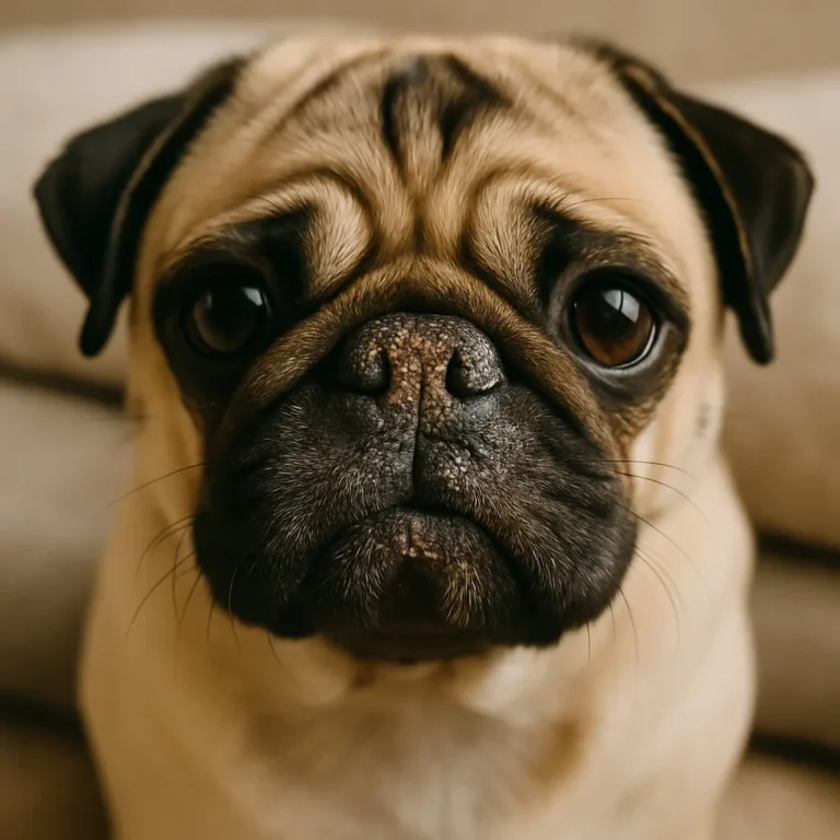 Cute pug with dry, cracked nose, health-focused backdrop with dog-safe moisturizer and water bowl, reflecting article's care tips.