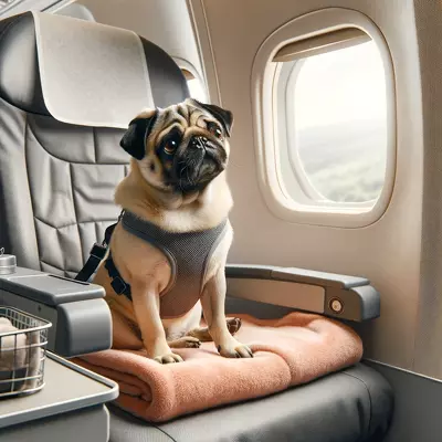 Content pug seated on an airplane cushion, secured with a harness, ready for takeoff, symbolizing safe pet air travel.