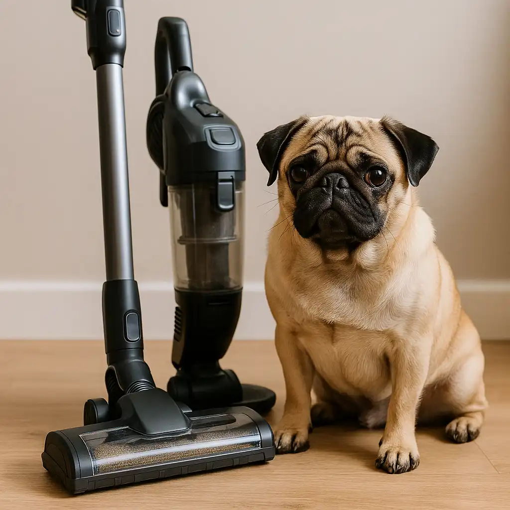 A fawn-colored pug sitting on a hardwood floor next to a cordless stick vacuum cleaner.
