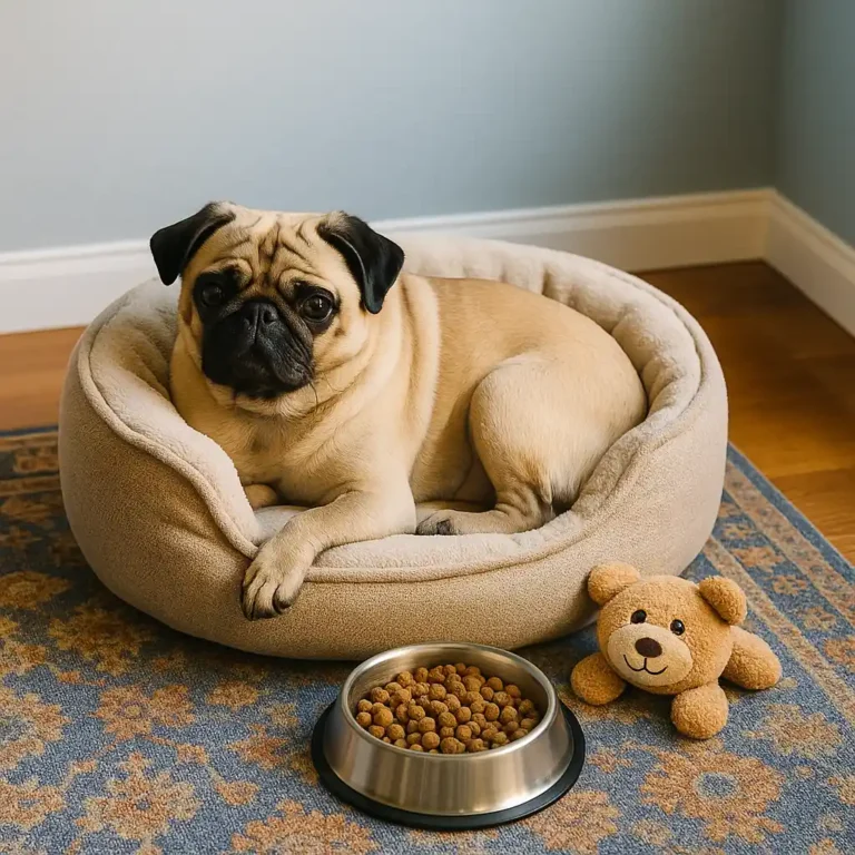 A fawn-colored pug resting in a plush beige dog bed on a patterned rug, with a bowl of kibble and a small teddy bear toy beside it.
