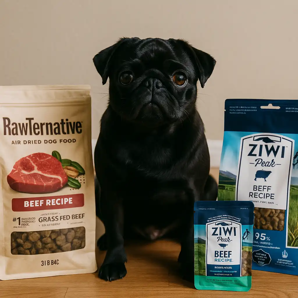 A photograph of a black pug showcases the dog sitting on a wooden floor, surrounded by three dog food packages labeled RawTernative and ZIWI Peak.