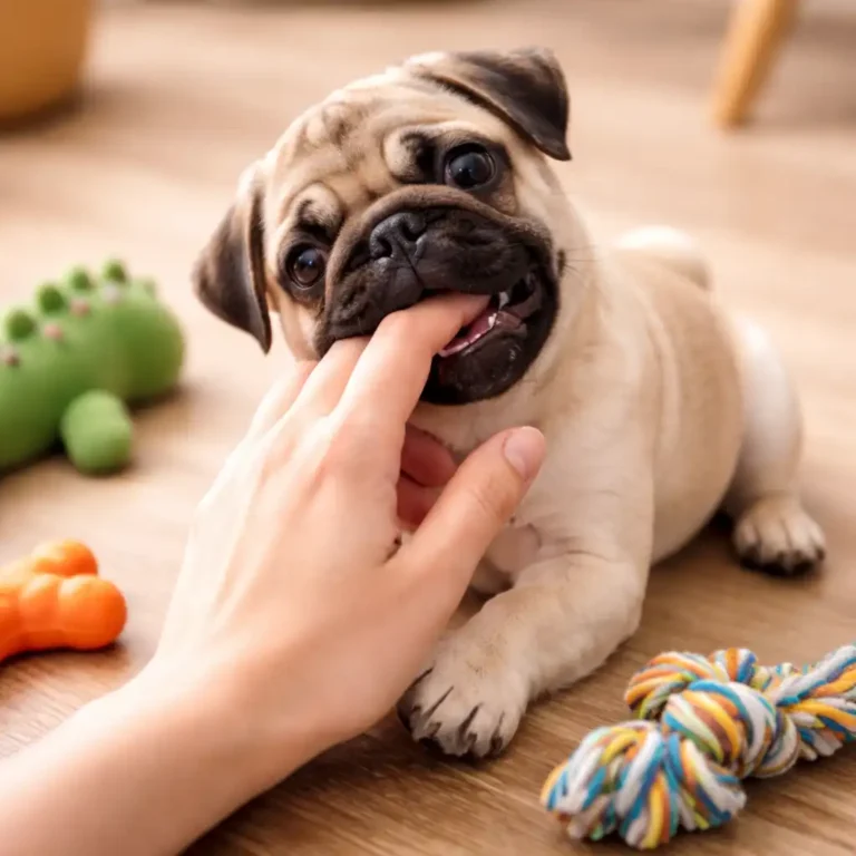 Pug puppy gently mouthing a hand during indoor play.