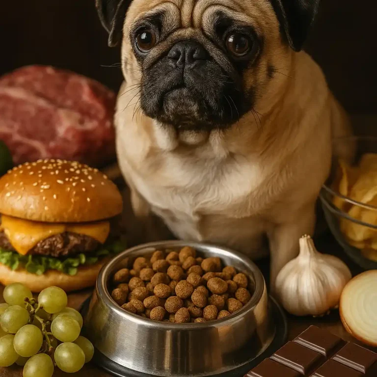 A pug sitting near a bowl of kibble surrounded by harmful foods for dogs, including grapes, chocolate, onions, garlic, and a burger.