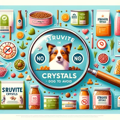 An engaging graphic showcasing dog foods with a magnifying glass highlighting ingredients to avoid for preventing struvite crystals in dogs, illustrating the importance of careful dietary choices for canine urinary health.