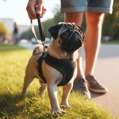 Pug standing on a leash with its owner: Best harness for dog that pulls.