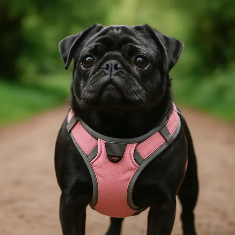 A photograph captures a black pug wearing a sturdy, breathable no-pull harness while sitting on a sunlit sidewalk.