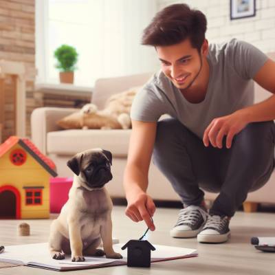 A young man training a pug puppy on a training pad in a cozy home environment, using a small black toy house.