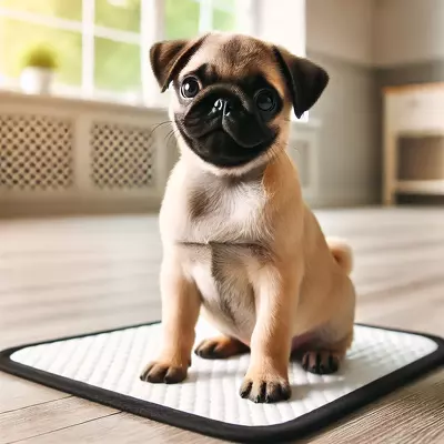A cute pug puppy sitting on a training pad, looking happy and curious in a clean indoor space. Image for illustration purposes only.