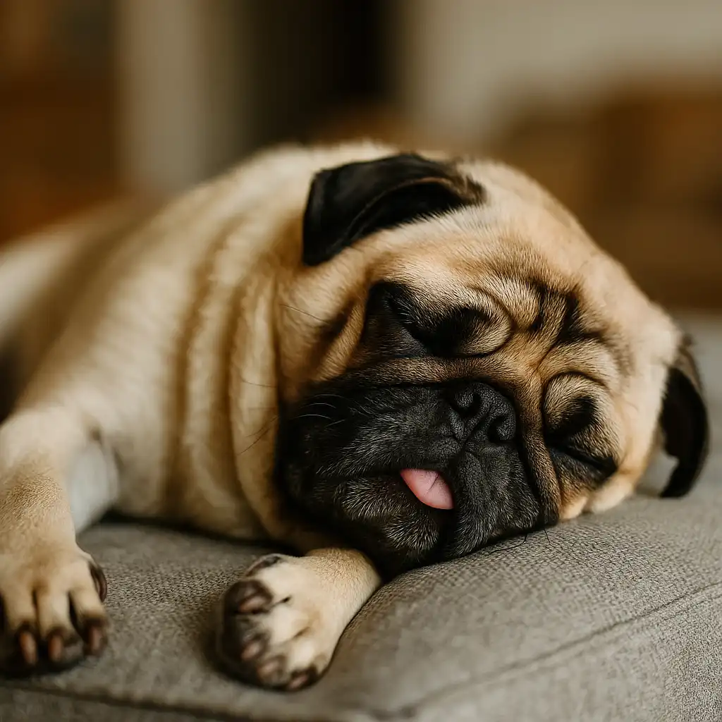 A fawn-colored pug sleeping peacefully on a soft beige blanket, with its face relaxed and ears slightly flopped forward.