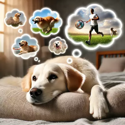 A dog dreaming on a cozy bed with thought bubbles showing playful activities like chasing a ball and playing with other dogs.