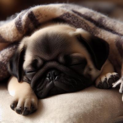 A peaceful pug puppy sleeps soundly wrapped in a cozy blanket, possibly dreaming.