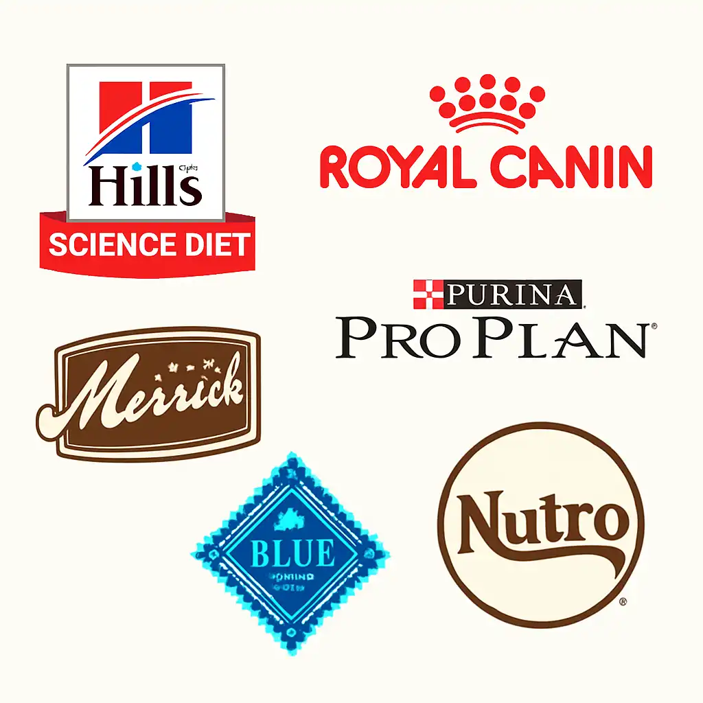 A digital graphic compilation displays six logos of popular vet-recommended dog food brands, arranged in a clean and balanced layout.