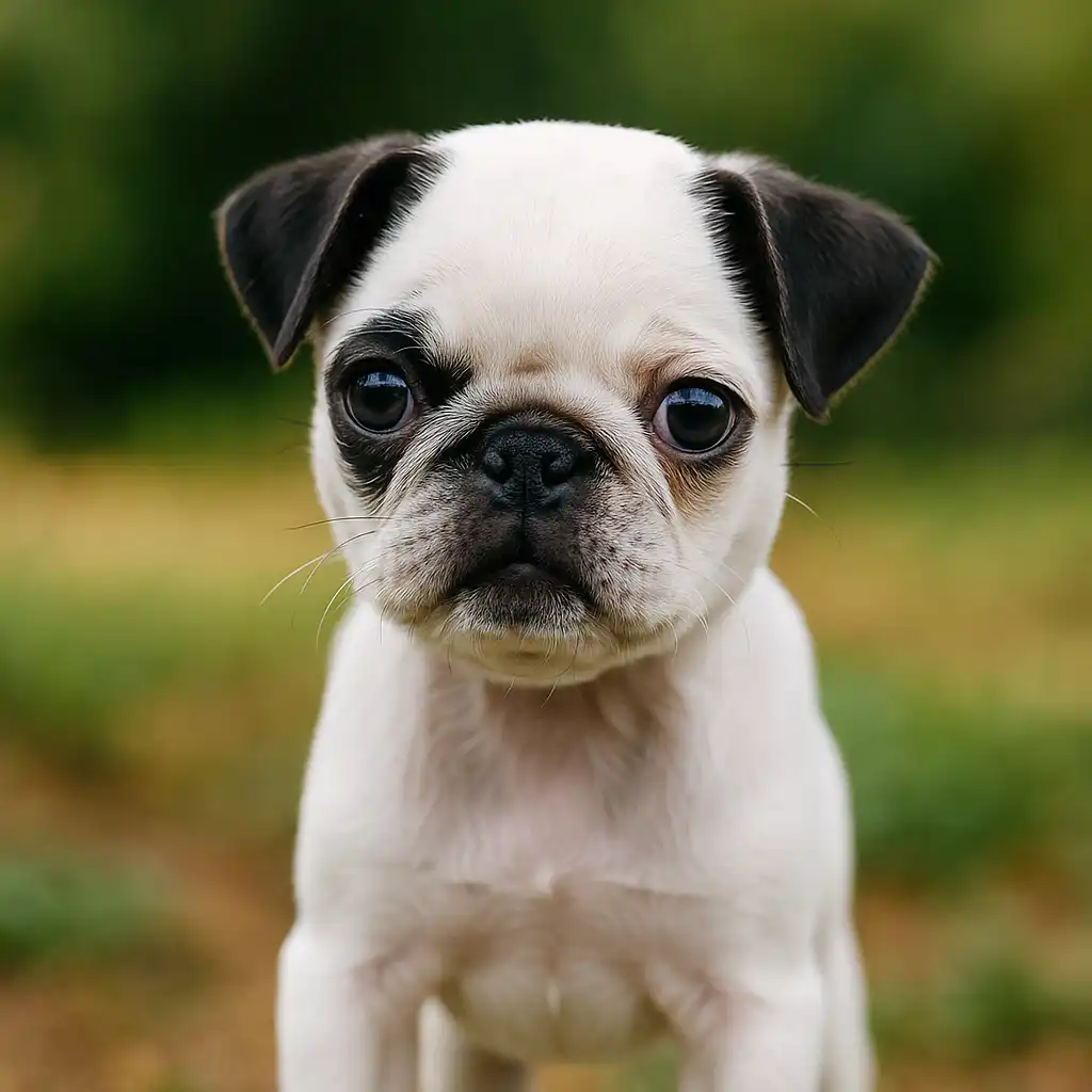 A close-up portrait of a young panda pug with a white body and dark ears, sitting against a soft, blurred background.