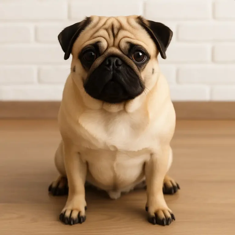 A fawn-colored pug sitting on a warm hardwood floor, gazing directly at the camera, with a composed expression and a white brick background.