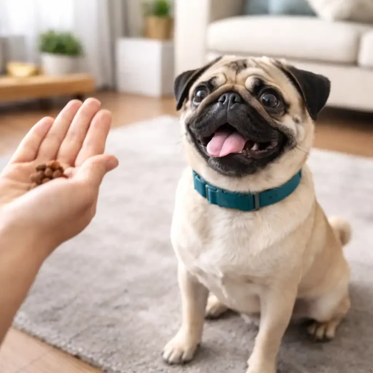 Fawn-colored pug sitting attentively indoors while practicing a basic training command, focused on a hand holding treats in a bright living room.