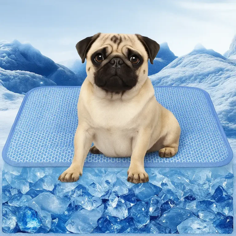 A fawn-colored pug sitting on a blue cooling mat with an icy, frozen landscape in the background, representing a cooling dog bed for hot weather.